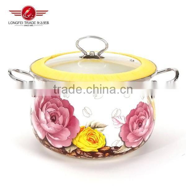 2016 hot selling full decal enamel pot/ enamel cassrole/ enamel soup pot with borosilicate glass lid