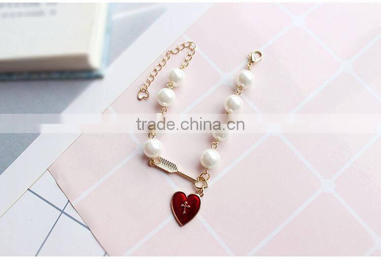 Cupid arrow love bracelet gold arrow red enamel cross heart charms pearl bead link bracelet
