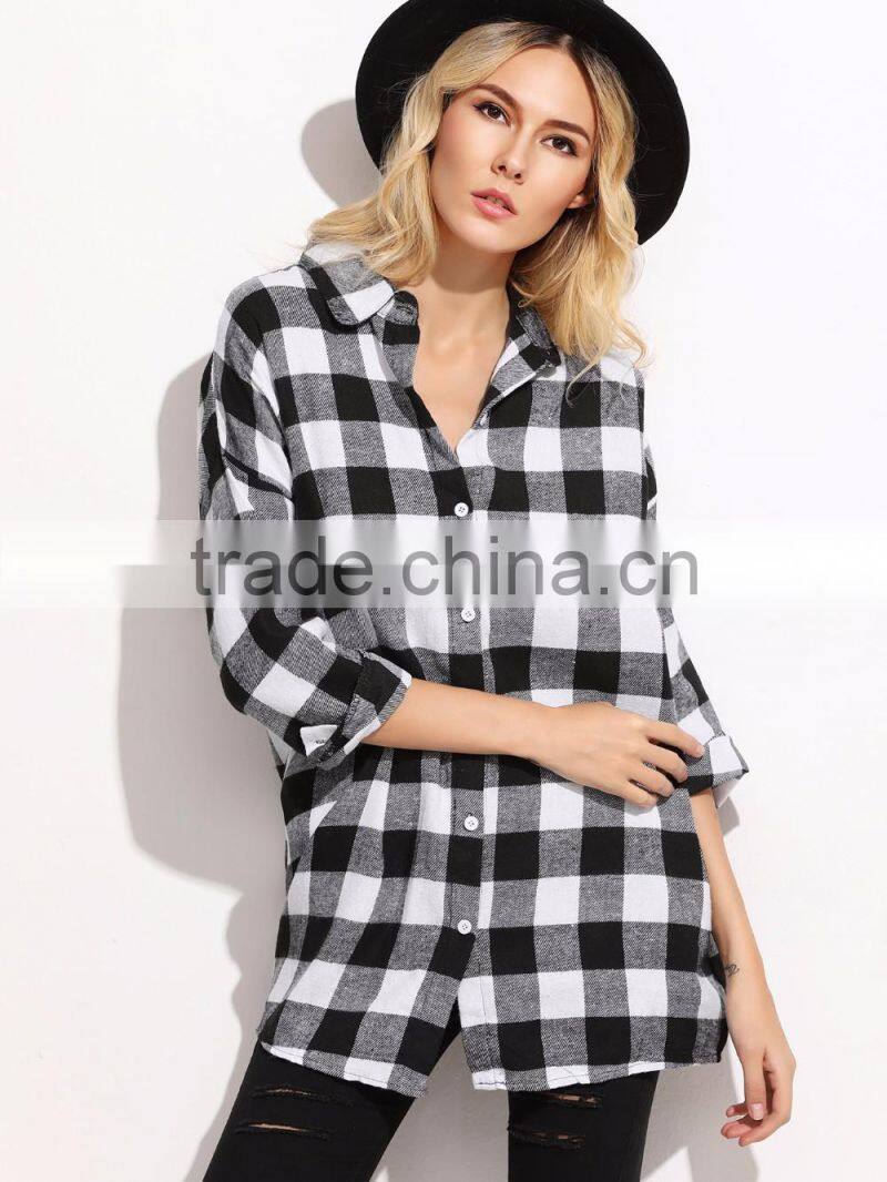 Check Plaid Drop Shoulder Shirt Black and White Cotton Blend Long sleeve Casual Button Women Shirt
