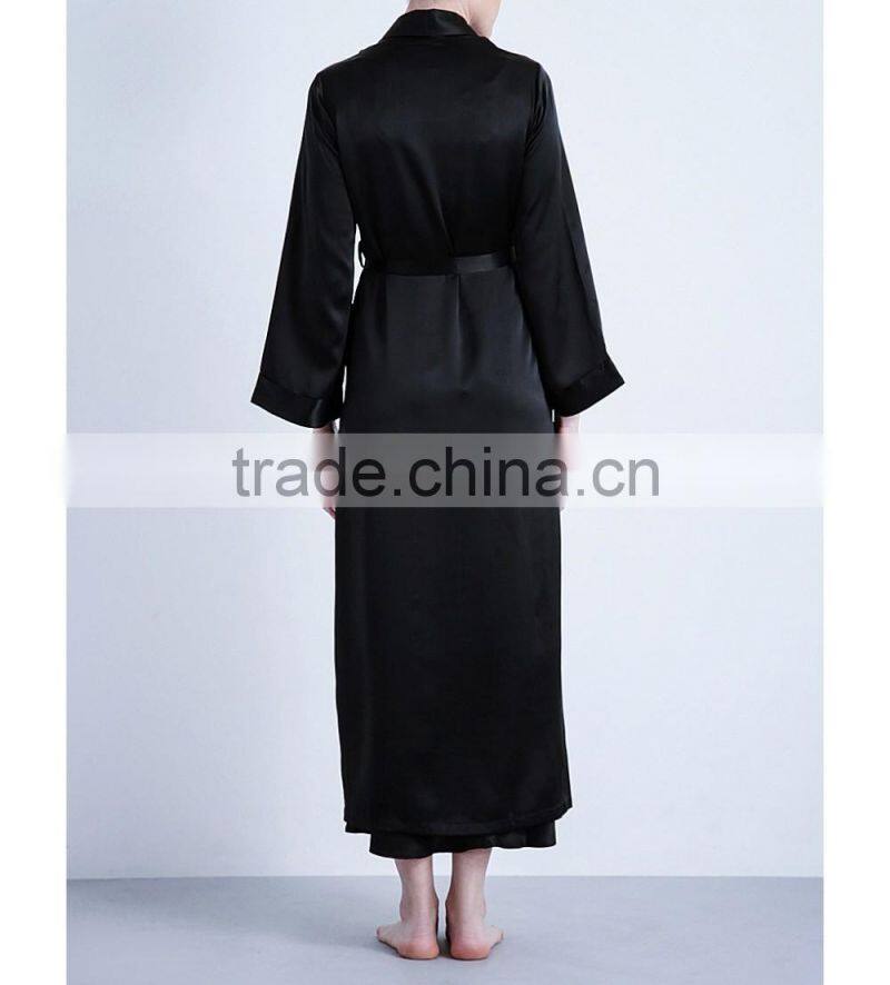 Customize ladies luxury silk full length robe, long sleeve dressing gown, black lapels long length dressing robe