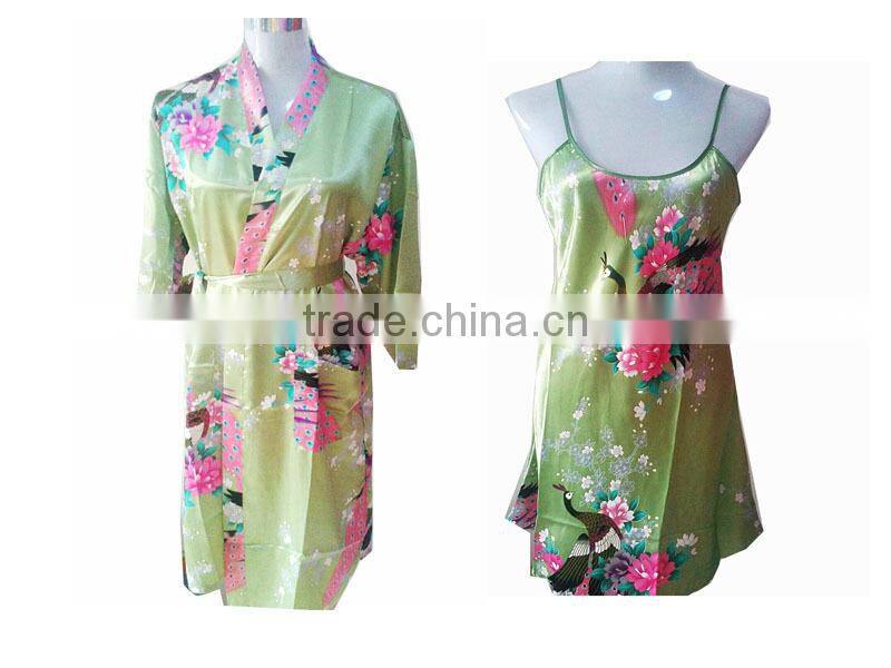 Summer Two pieces Woman long Satin bathrobe Kimono Robes PC046