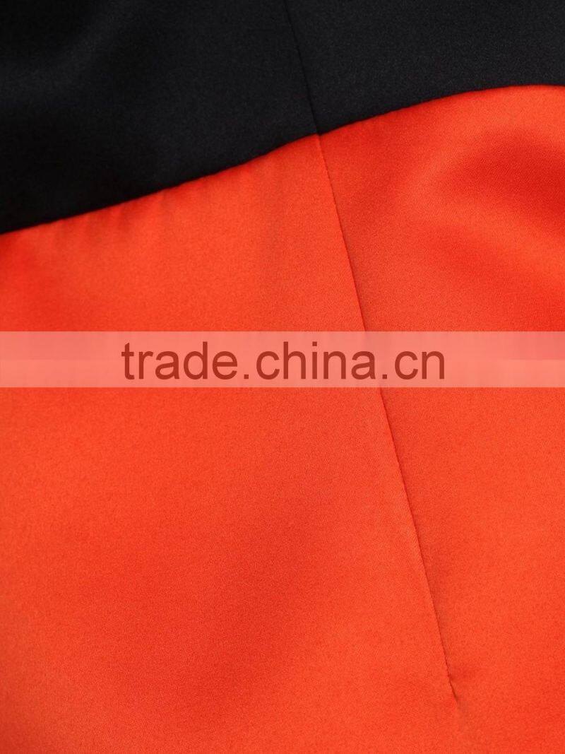 2016 popular style black and orange contrast color sleeveless skinny dress