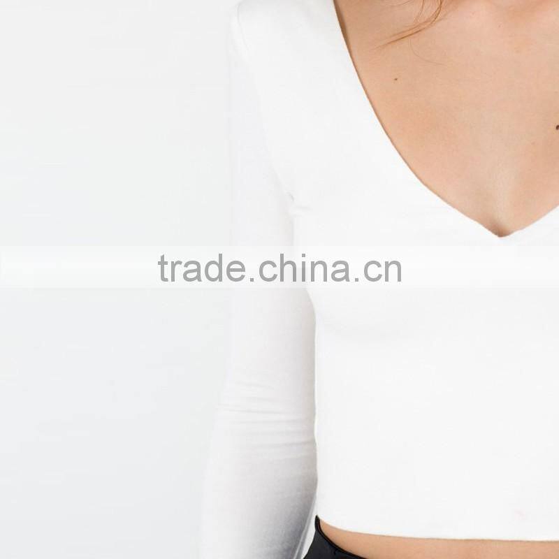 Deep v neck long sleeve sexy thin plain dyed peruvian cotton crop tops/t shirt