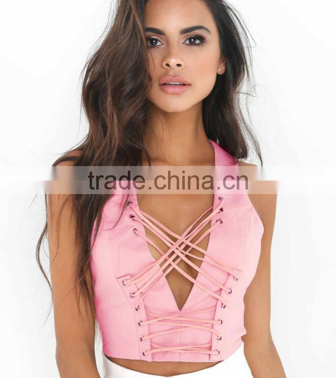 Sleeveless Slim sexy deep V tie webbing tank top girls