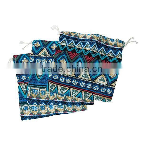 Cotton & Linen Cloth Jewelry Bags Drawstring Multicolor Blue Rhombus Pattern 16cm x 14cm