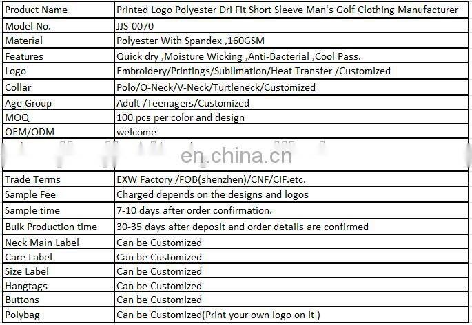 Printed Logo Polyester Dri Fit Short Sleeve Man's Golf Clothing Manufacturer