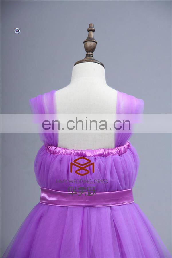 Real Pictures SHMY-F013 Purple Tulle Full Length Cap Sleeve Flower Girl Dress with Belt