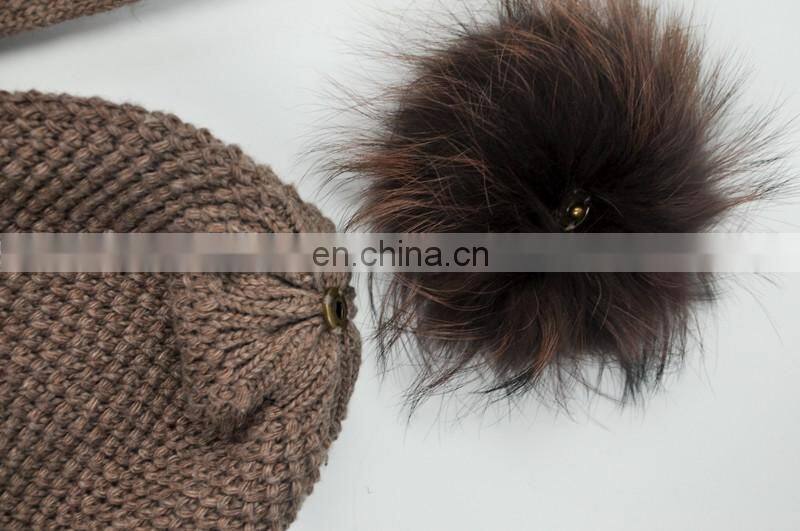 Wholesale Knitted Scarf Women Raccoon Fur Ball Winter Hat All in One Hat and Scarf