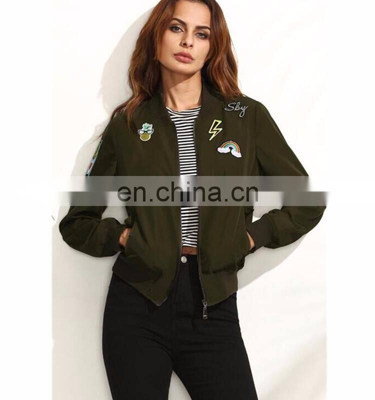 Fashion Army green applique long sleeve biker jacket women