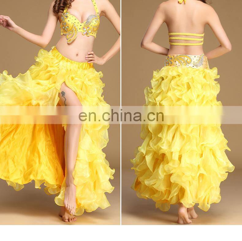 Q-6051 Plus size long organza wave performance belly dance skirt with slit