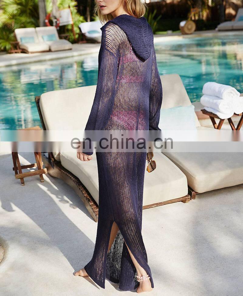 Long Beach Cover Up Dress For Women Summer Hooded Long Sleeve Mesh Crochet Coverups pareo Beach Dress Tunic Beachwear