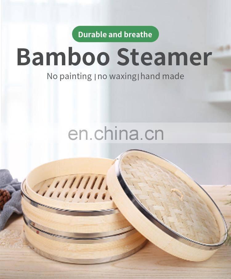 High Quality 10 Inch Bamboo Steamer with Steel Rings for Cooking steamer basket