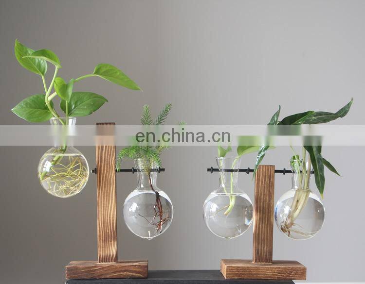 Terrarium Hydroponic Plant Vases Vintage Flower Pot Transparent Vase Wooden Frame Glass Tabletop Plants Home Bonsai Decor