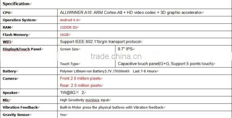 9.7'' IPS, Android 4.0 , 1G DDR III , 16GB Flash , 1024 x 768 , ALLWINNER A10: ARM Cortex-A8 + HD video codec Tablet PC