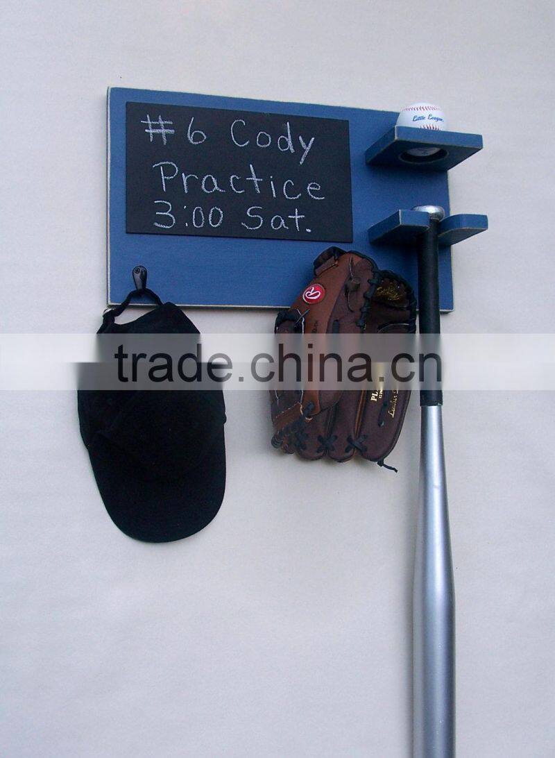 Living room wooden blue ball holder organizer shelf with chalkboard