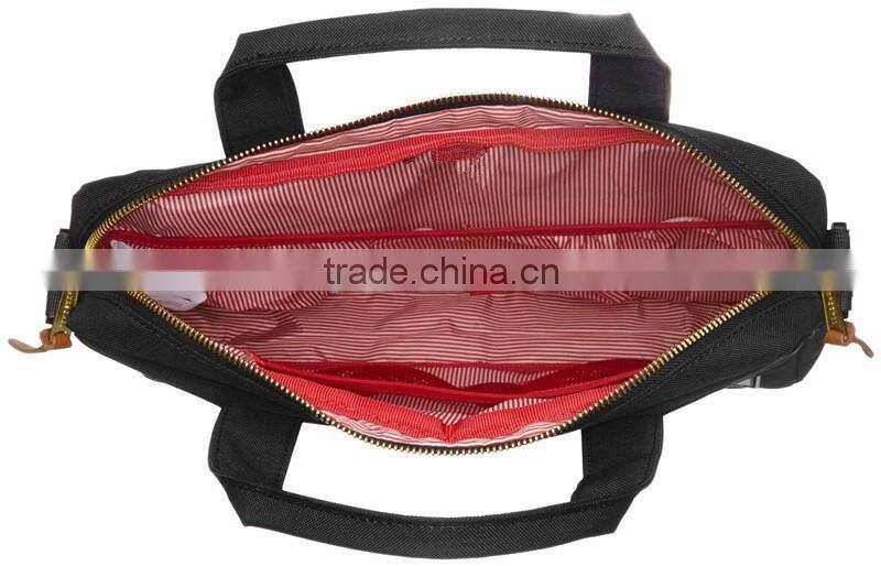 Stylish and unique business bags with gold zippers,leather zipper straps, red pinstripe inner lining