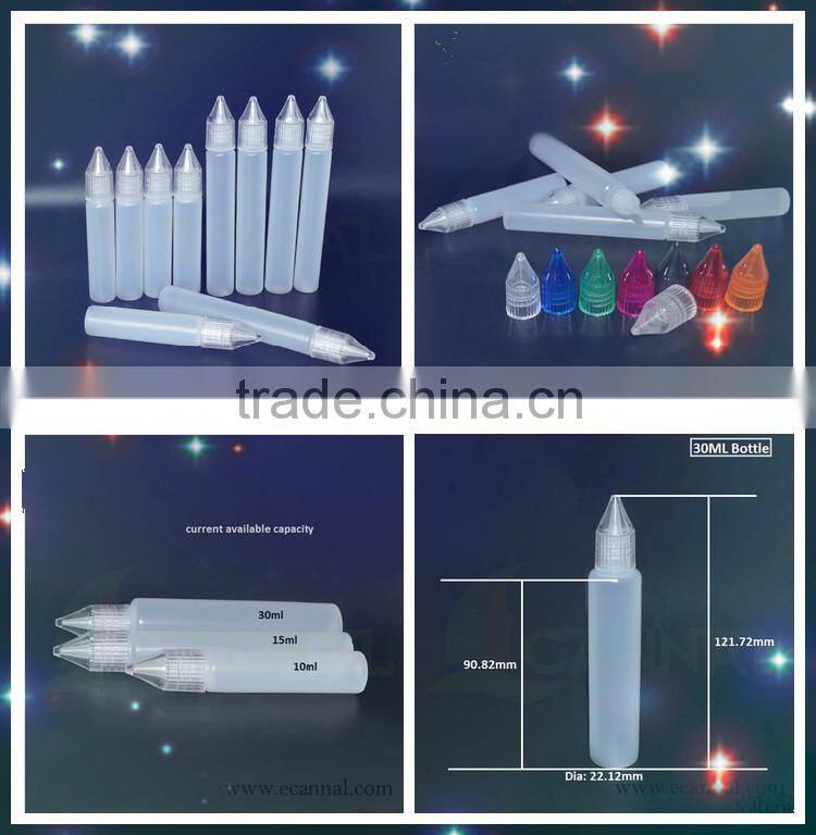 2015 wholesale Unicorn bottle 10ml 15ml 30ml , long thin tip plastic dropper bottle 10ml 15ml 30ml childproof cap,15ml pen bottl