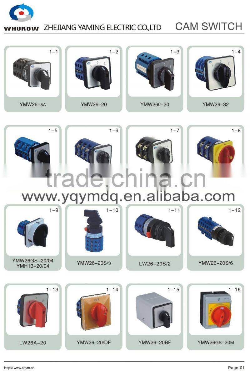 Cam switch YMW26-63/1GS with padlock changeover rotary switch 1 stage 2 positions on-off 4 terminals 63A Ui 690V sliver contacts
