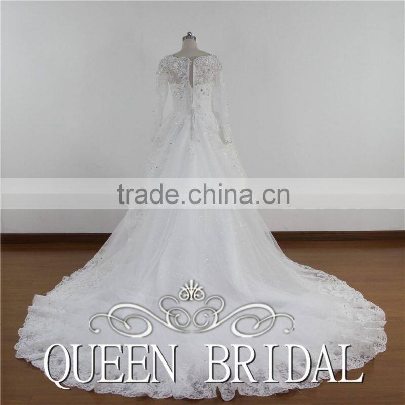 Long Sleeve Appliqued Lace Crystal Beaded Arabic Wedding Dress For Muslim Woman