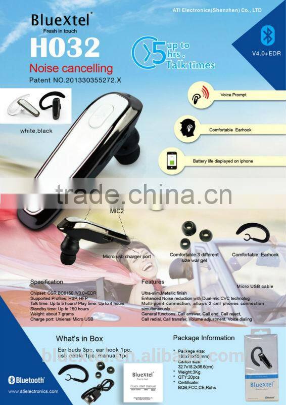 Newest Noise canceling Dual Mic Stereo bluetooth earpiece mini earphone with earhookSH032
