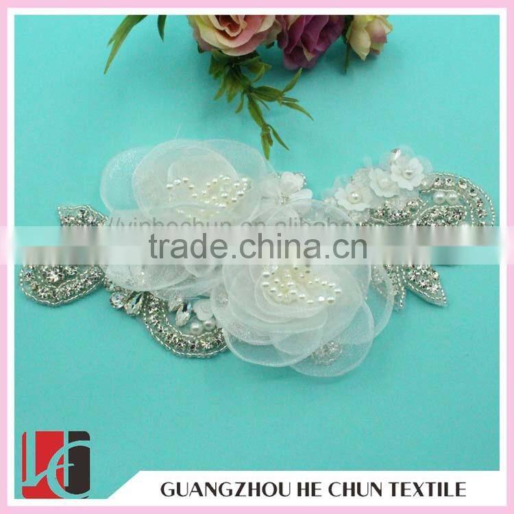 HC-2104 Crystal Bead Applique for Headband ,Lace Flower Pearl Applique with Hot Fix Rhinestones in Bulk