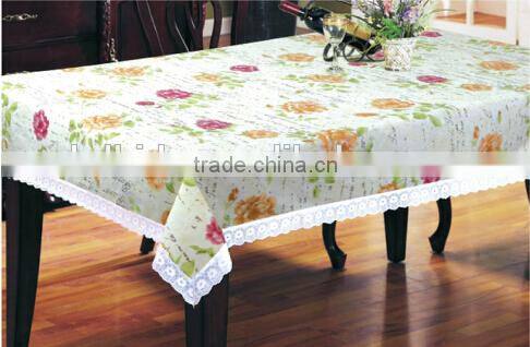 flower printed with lace edge vinyl table cloth, wholesale price for table cloth