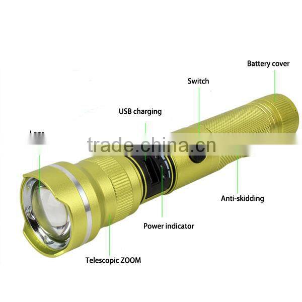 Portable XM-L T6 USB power bank rechargeable led flashlight