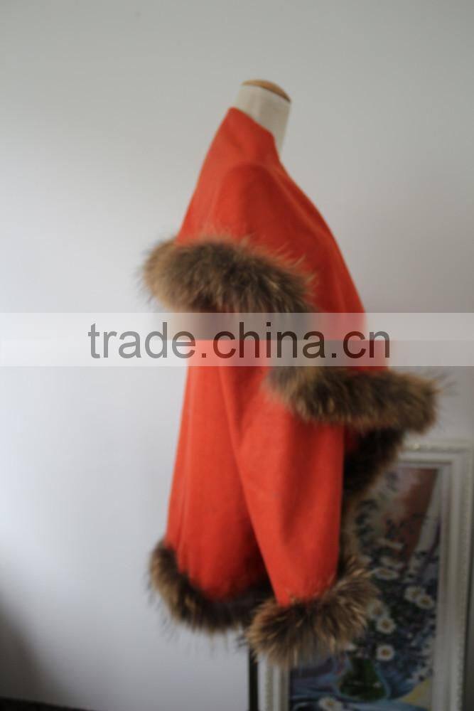Glamour Style Cashmere Shawl Fluffy Raccoon Fur Trim Pashmina Cape Poncho