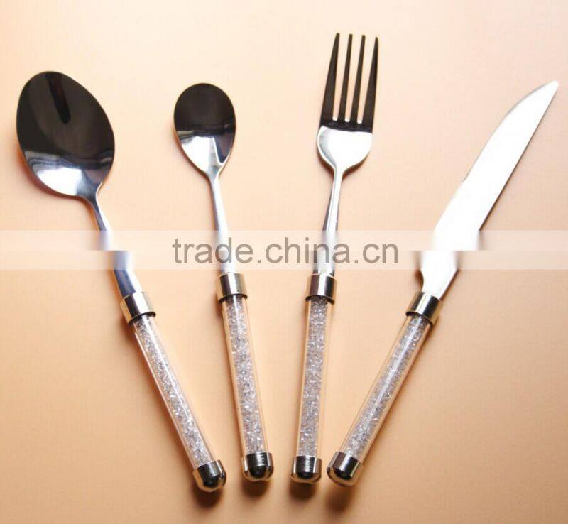 new design arrival customed food safety stainless steel 18/8 plastic dinnerware set of 4 pieces with crystals in the handle