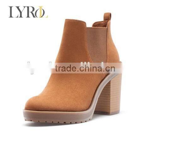 2016 high quality side gussets decorated camel microsuede upper TPR outsole women high heel boots shoes