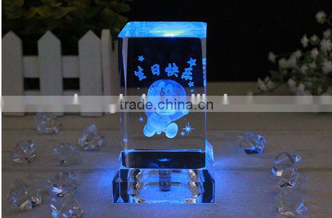 3d Laser Engraved Crystal Doraemon Cube with LED light base ,3d laser crystal cube Doraemon