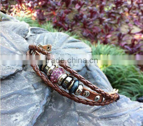 China style maked leather beaded bracelets with crystal bead