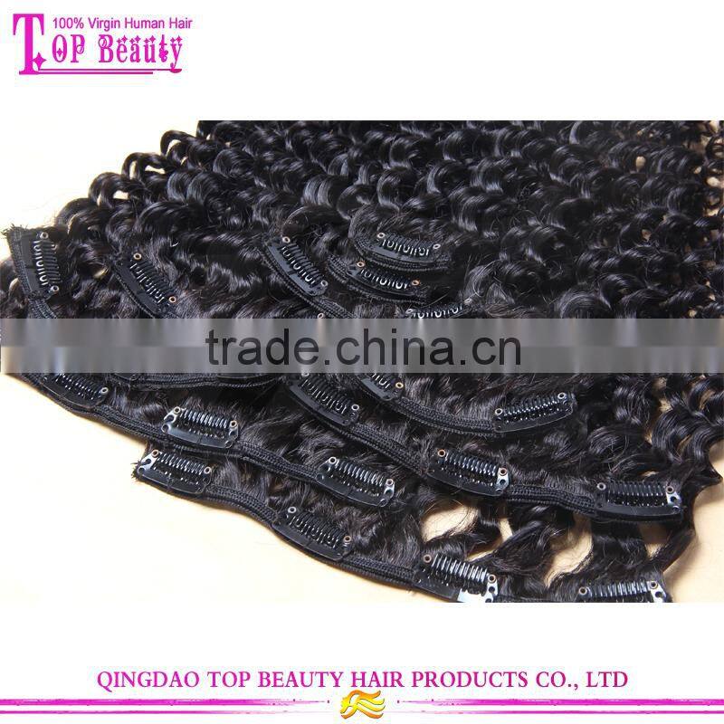 Wholesale unprocessed high quality 100% virgin indian deep curly hair clip in extensions