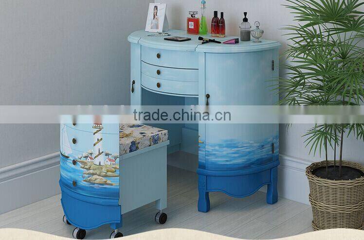 Mediterranean Style Dresser, Sailing Boat Handpainting Dressing Table and Chair, Wooden Multifunctional Dresser (BF01-X1155)
