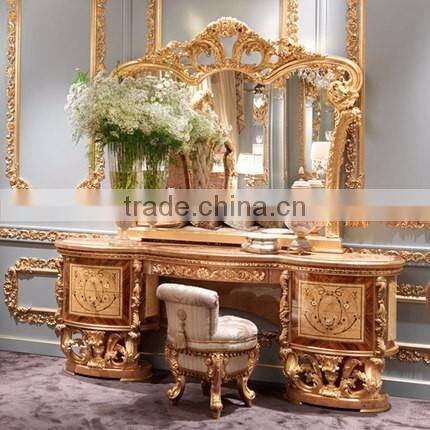 Antique Wooden Marquetry Dressing Table, Luxury Wood Carved Dresser With Mirror, Golden Furniture Queen Anne Bedroom Set