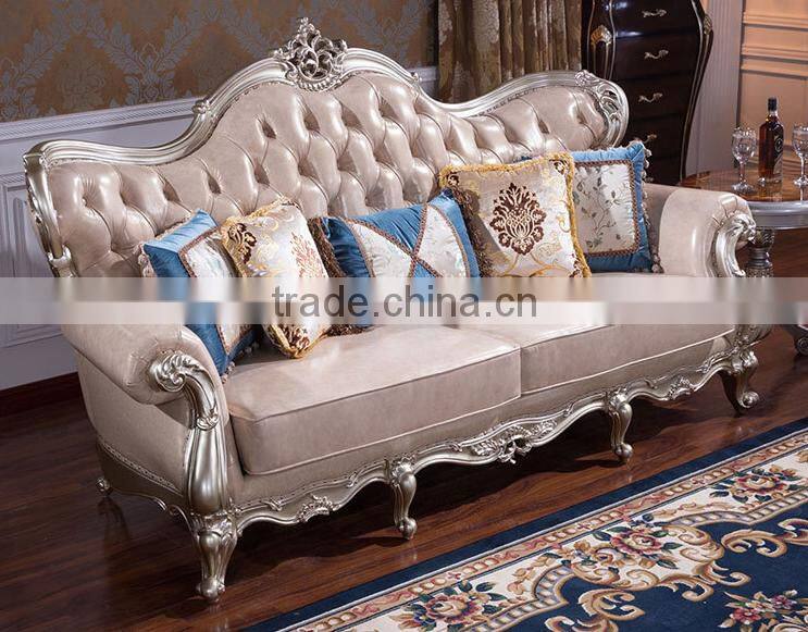 Classic European style living room solid wood magnolia flower hand carving genuine leather sofa set