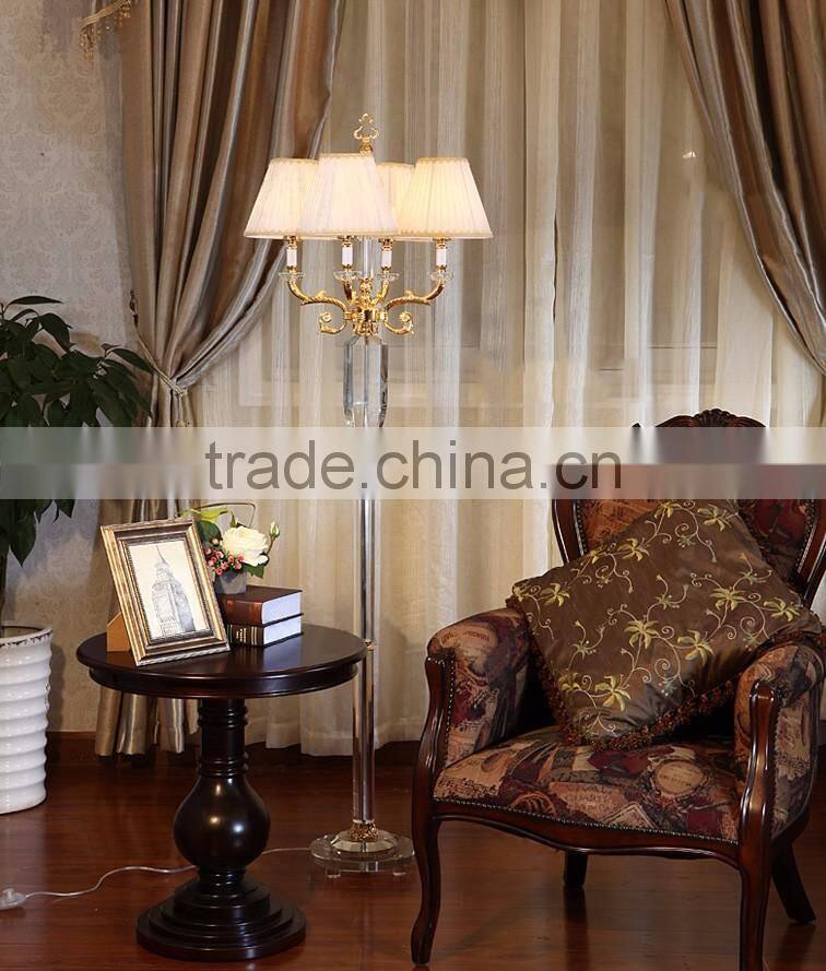 Four heads golden plated metal clear K9 crystal floor lamp with white color lampshade