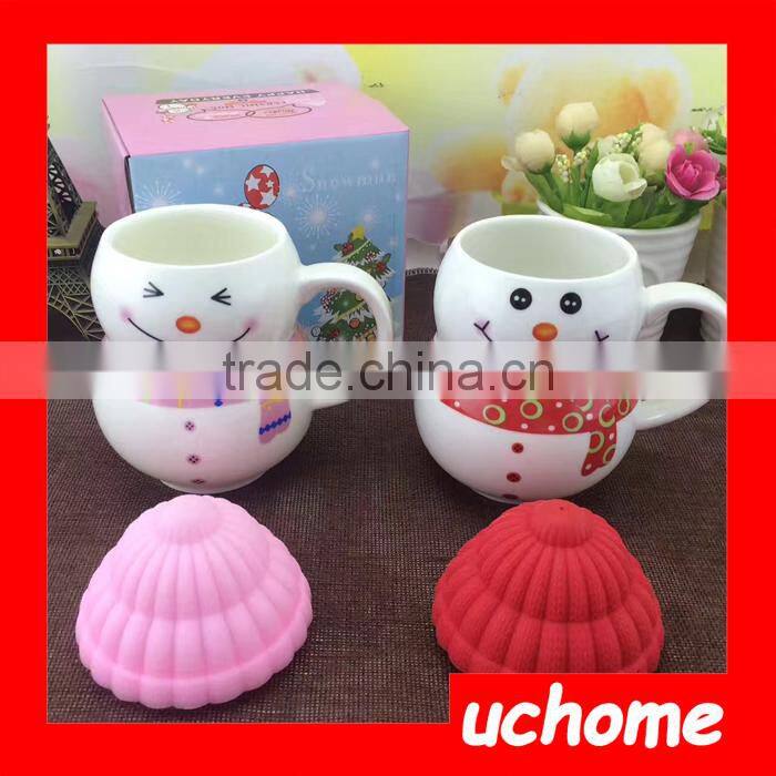UCHOME Cute Creative Snowman Ceramic Cup Tea Milk Coffee Mug with Spoon & Lid