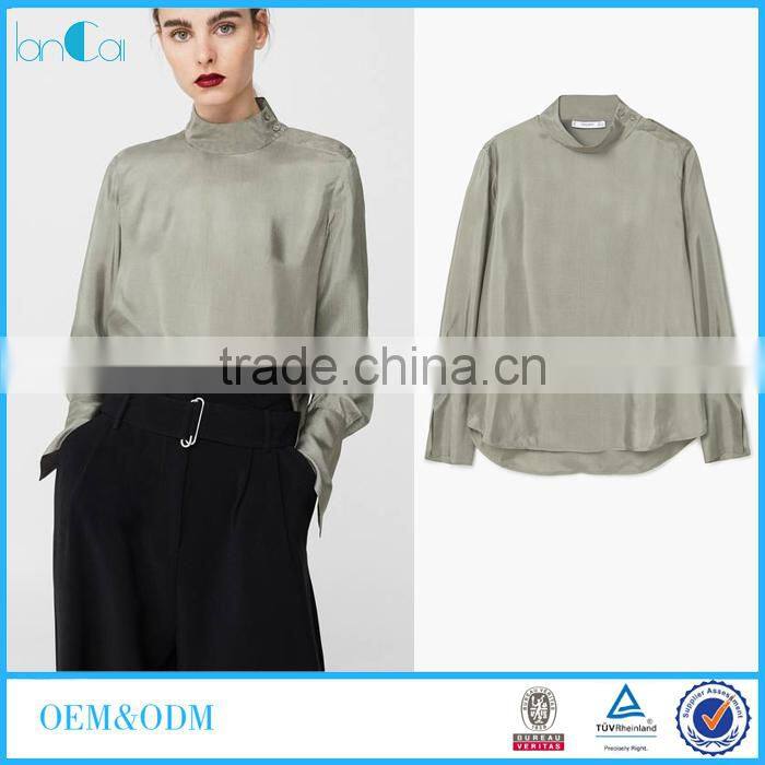 Autumn Women's Shirts Blouses 2017 100% viscose Rounded Neck Long Sleeve blouses