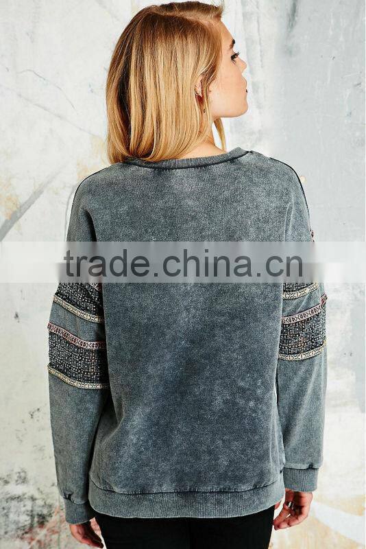 Fall clothing embroidered acid wash crewneck sweatshirt for women