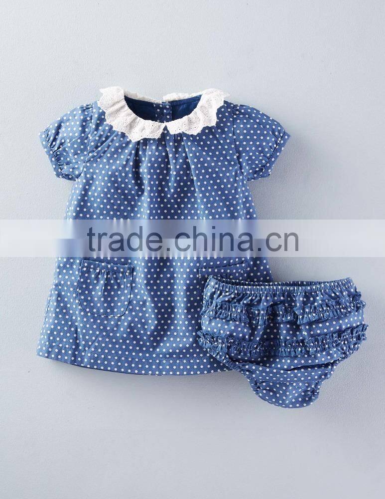 Hot Sale Baby Clothes Navy Nlue Polka Dots Outfit Lace Trim Kids Girls With Ruffle Bloomer Set