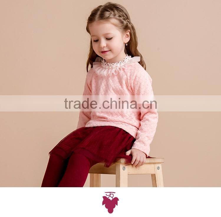 Winter Girls Knitted t Shirt Decorated With Lace And Pearl Around Neck Kids Long Sleeve Clothes