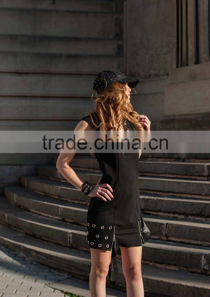 Women Summer Sex Black Dress With Eyelets And Zipper Extravagant Dress