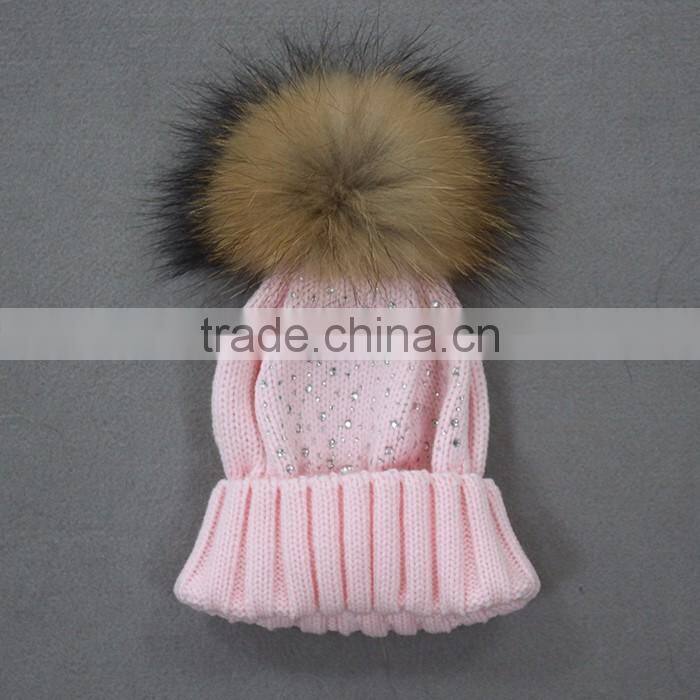 Myfur Baby Pink High Quality Wool Acrylic Knitting Hat and Cap with Raccoon Fur Ball Wholesale