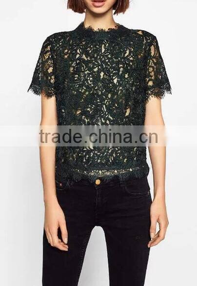 Runwaylover EY2368B Hot Sale 2017 Ladies Hollow Out Shrt Sleeve Lace T-Shirts
