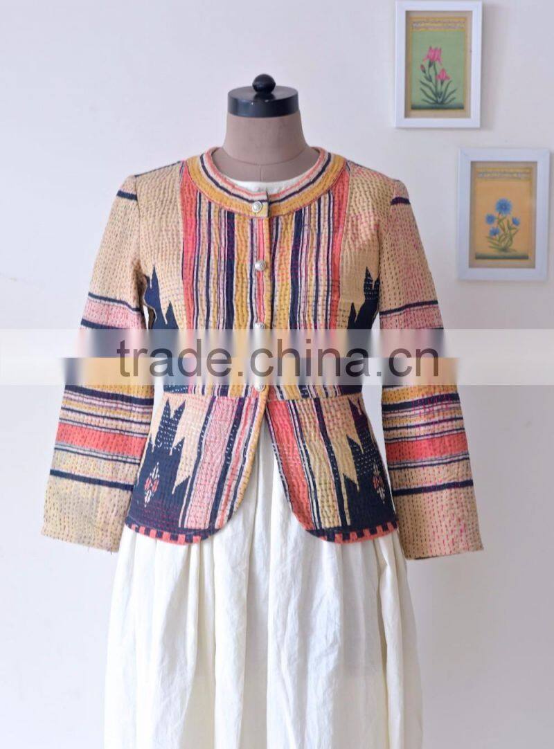 Hand Crafted Kantha Jacket in Beautiful Vintage Color Print ~ Large