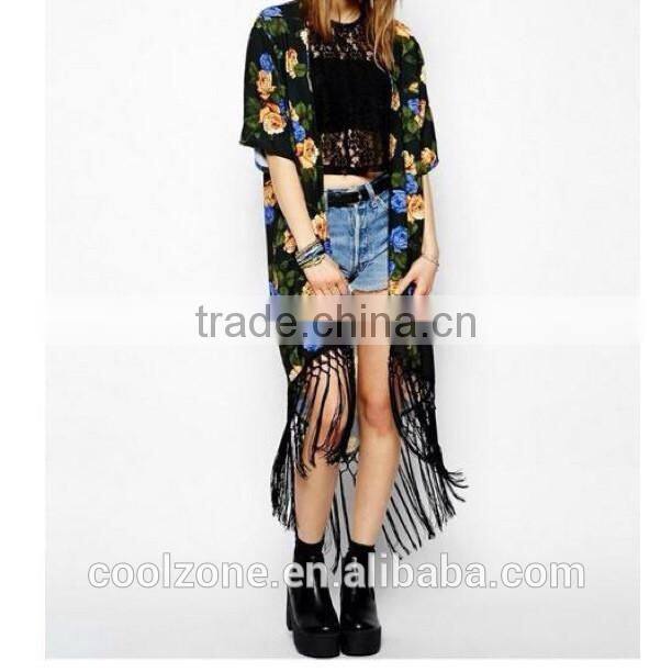 Latest floral print cover up summer beach kimono with gorgeous fringe