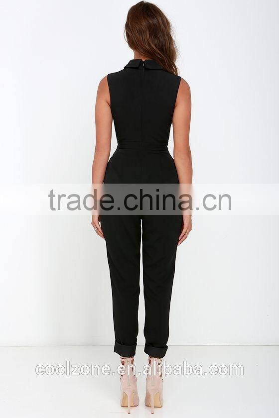 New style women sleeveless folded mock neck black jumpsuit 2015