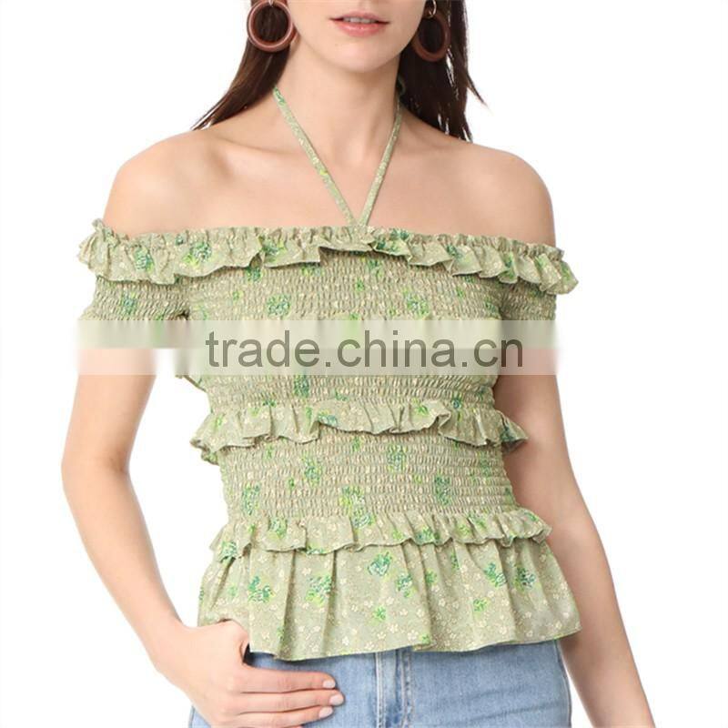 2017 OEM Femme Halter Ties Dainty Floral Elastic Ruffles Frill Blouse