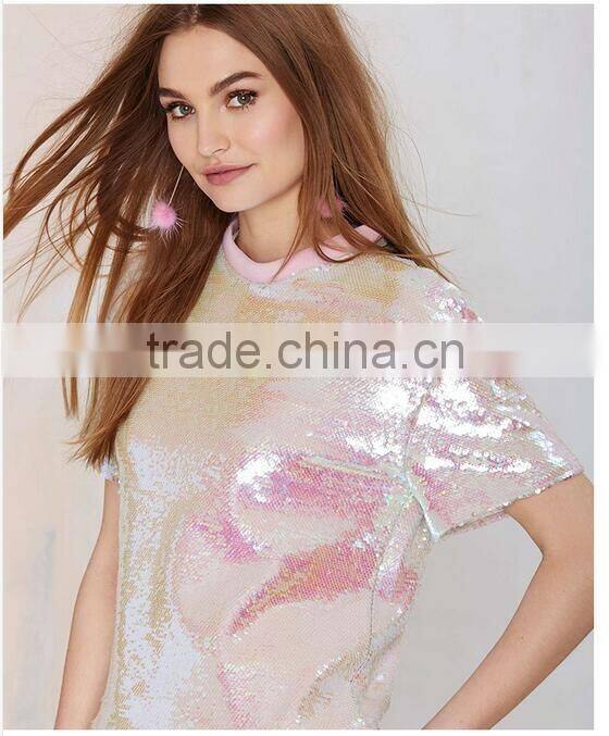Ladies pink short sleeve loose european style fashion paillette t shirt